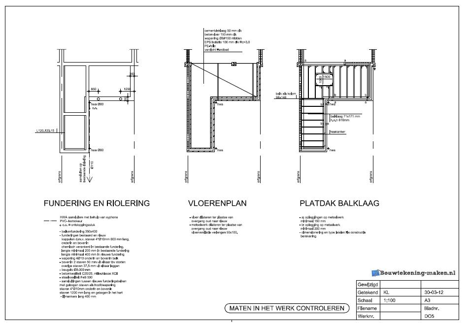 Een voorbeeld van een detailtekening van vloerenplan, fundering, riolering en daklaag
